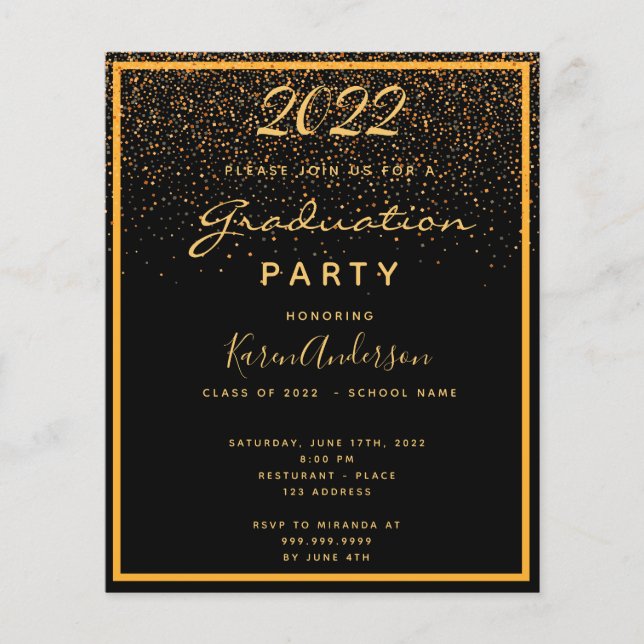 Graduation party black gold budget invitation flyer (Front)