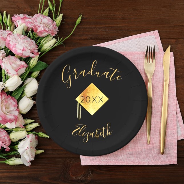 Graduation party black gold cap paper plate (Creator Uploaded)