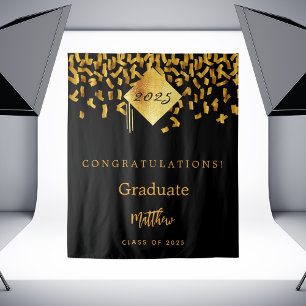 Graduation party black gold confetti graduate 2025 tapestry