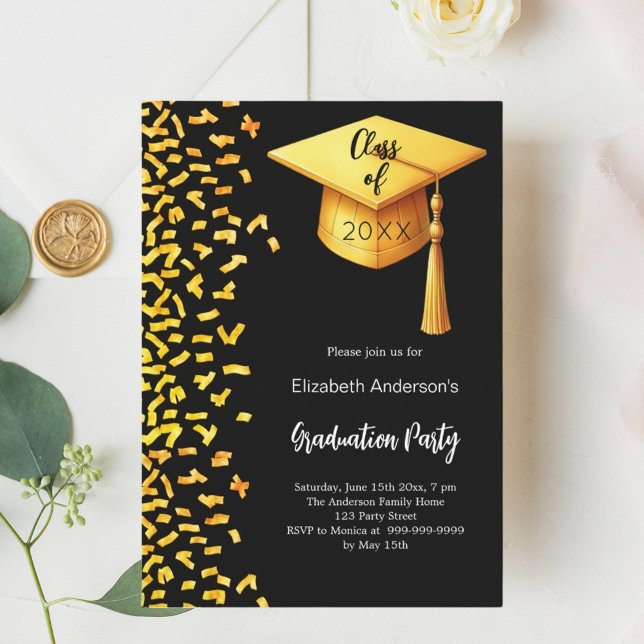 Graduation party black gold confetti invitation (Creator Uploaded)