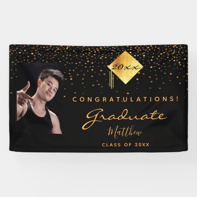 Graduation party black gold confetti photo banner (Horizontal)
