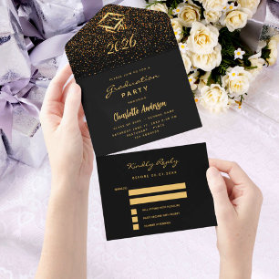 Graduation party black gold confetti RSVP All In One Invitation