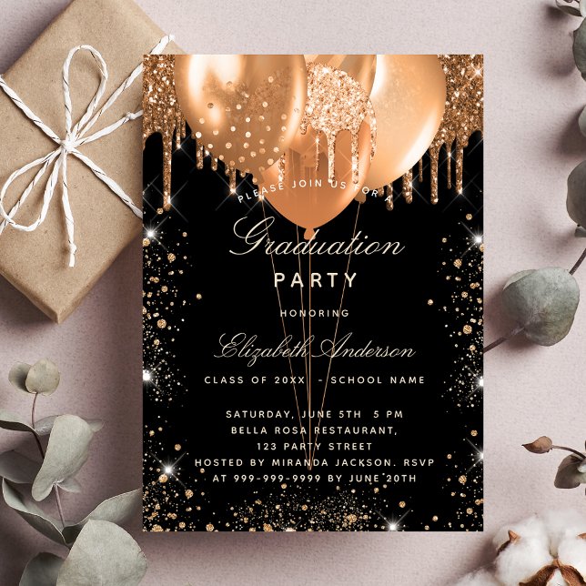 Graduation party black gold glitter balloons announcement postcard (Creator Uploaded)
