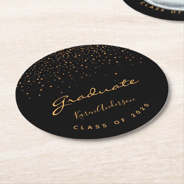 Graduation party black gold mame elegant round paper coaster (Angled)