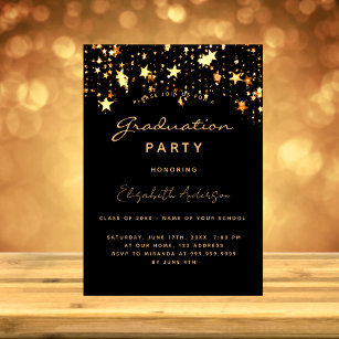 Graduation party black gold stars elegant invitation