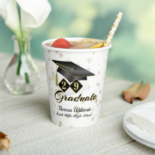 Graduation Party Black Gold Stars Personalised Paper Cups