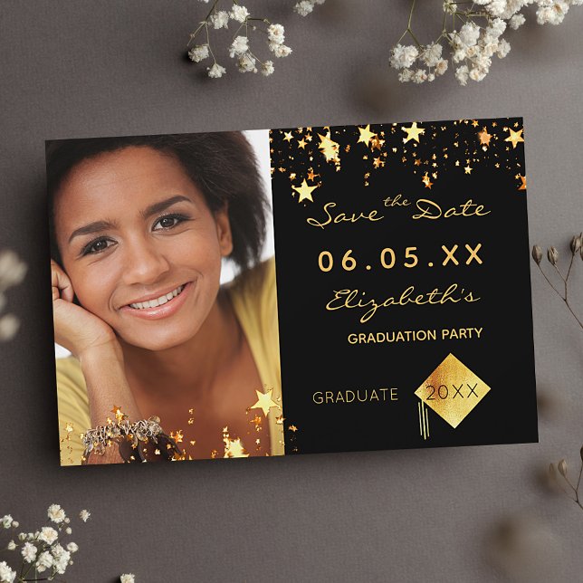 Graduation party black gold stars photo 2025 save the date (Creator Uploaded)