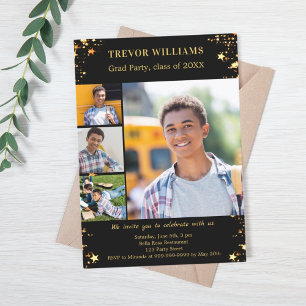 Graduation party black gold stars photo collage invitation