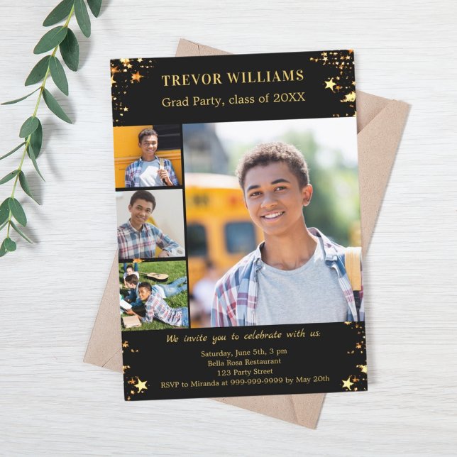 Graduation party black gold stars photo collage invitation (Creator Uploaded)