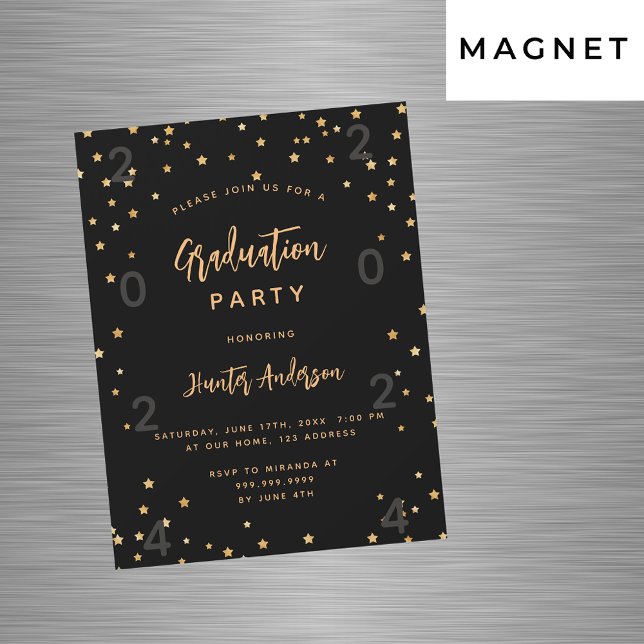 Graduation party black gold stars year luxury magnetic invitation (Creator Uploaded)