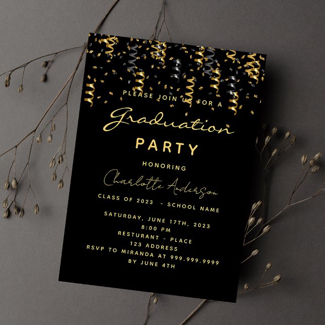 Graduation party black gold streamers invitation postcard (Creator Uploaded)