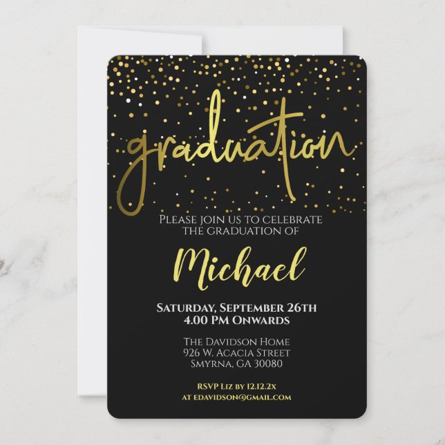Graduation Party Black Gold Typography Invitation (Front)