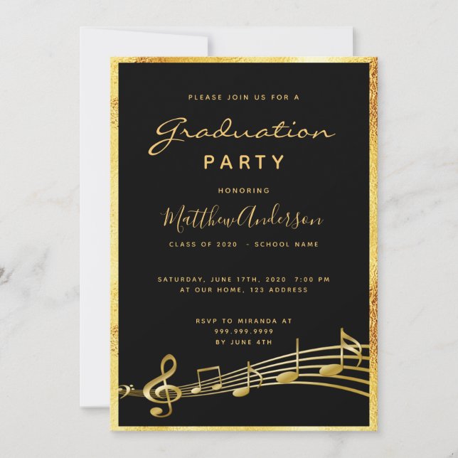 Graduation party black music gold invitation (Front)