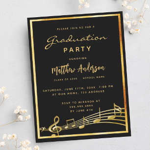 Graduation party black music gold invitation postcard