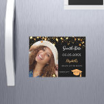 Graduation party black photo Save the Date card<br><div class="desc">A photo Save the date magnetic card for a graduation party 20XX. On front: Add your own vertical size photo of the graduate. An arch shaped frame. A chic black background colour, decorated with faux gold stars. Personalise and add a name and date. The name and the text: Save the...</div>