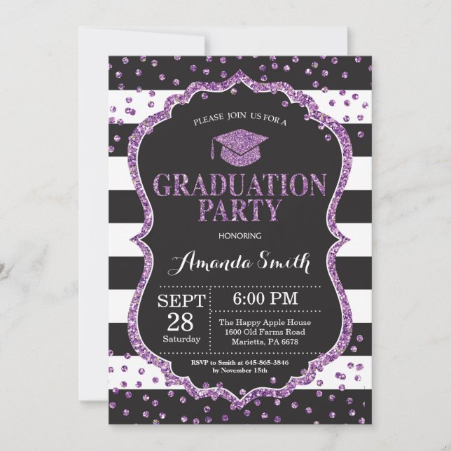 Graduation Party Black Purple Glitter Invitation (Front)