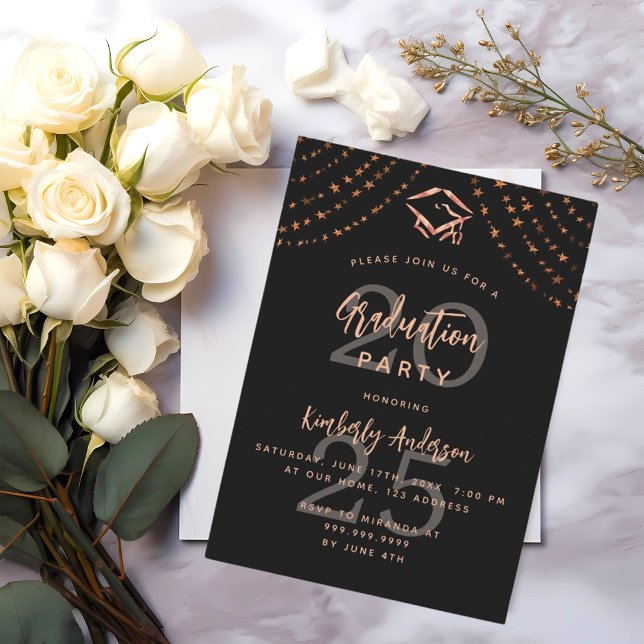 Graduation party black rose gold stars year invitation (Creator Uploaded)
