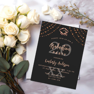 Graduation party black rose gold stars year invitation postcard
