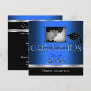 Graduation Party Black Silver Blue Photo Boy Male Invitation