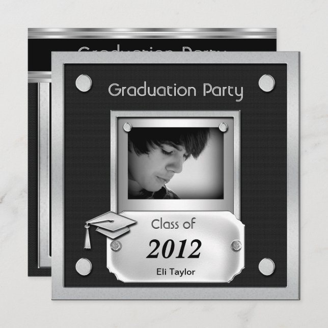 Graduation Party Black Silver Metal Look Invitation (Front/Back)