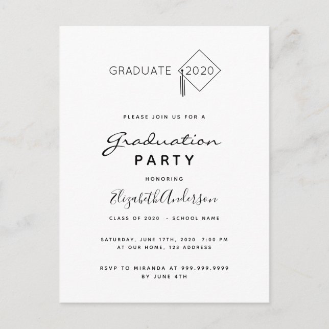 Graduation party black white cap invitation postcard (Front)