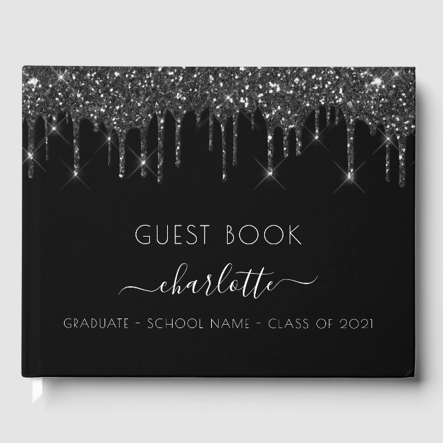 Graduation party black white glitter guest book (Front)