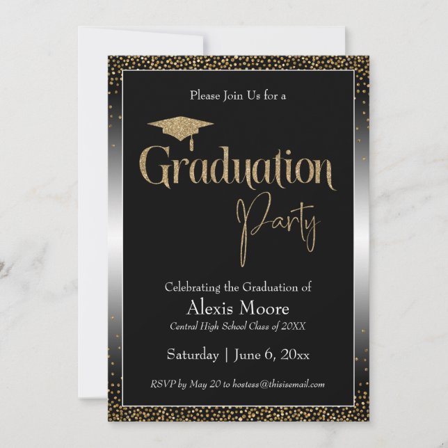 Graduation Party Black & White Ombre Gold Confetti Invitation (Front)