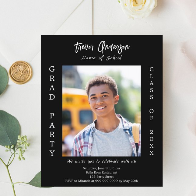 Graduation party black white photo invitation (Creator Uploaded)