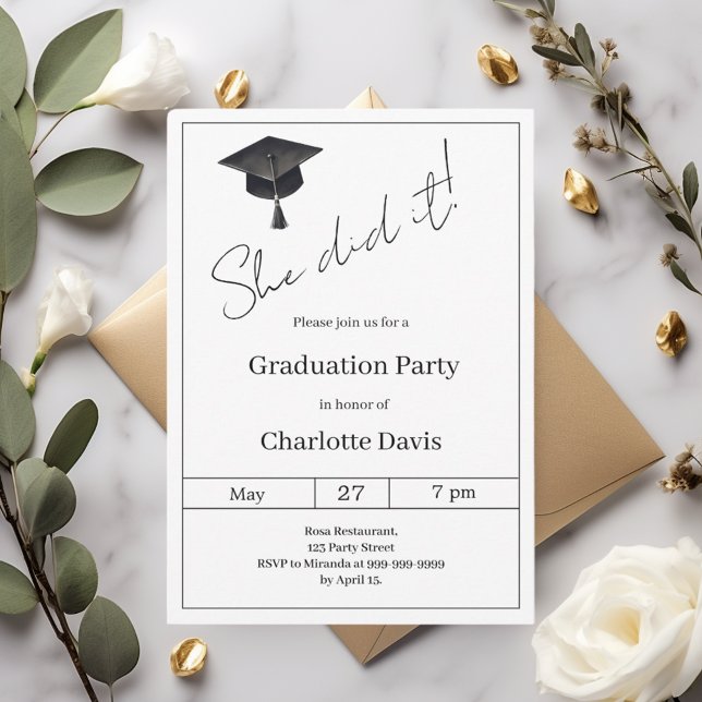 Graduation party black white She did it Invitation (Creator Uploaded)