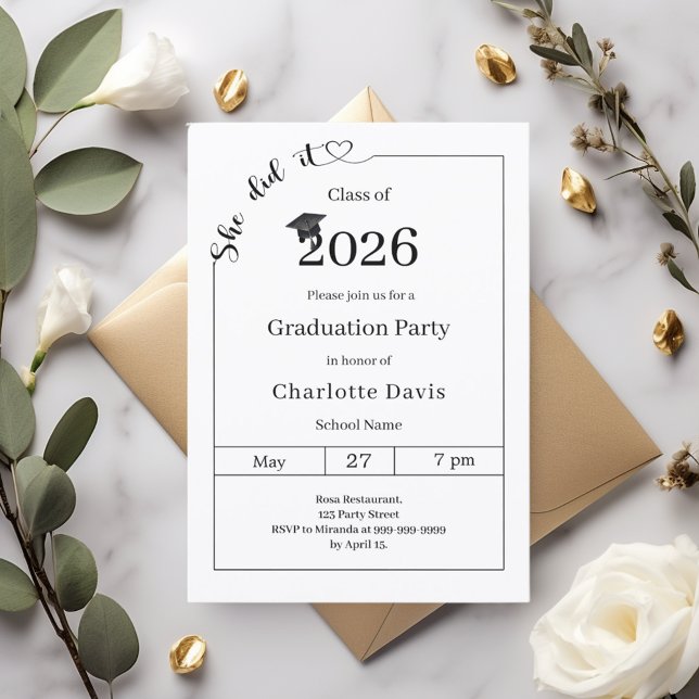 Graduation party black white She did it Invitation (Creator Uploaded)