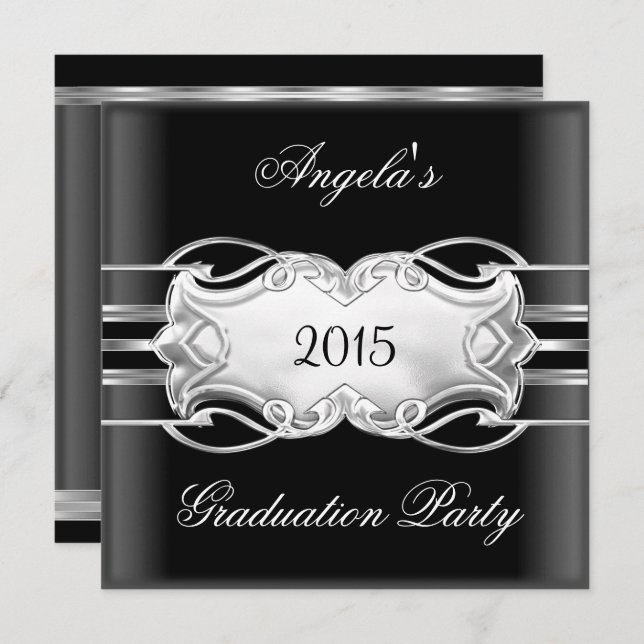 Graduation Party Black White Silver Jewel Elegant Invitation (Front/Back)