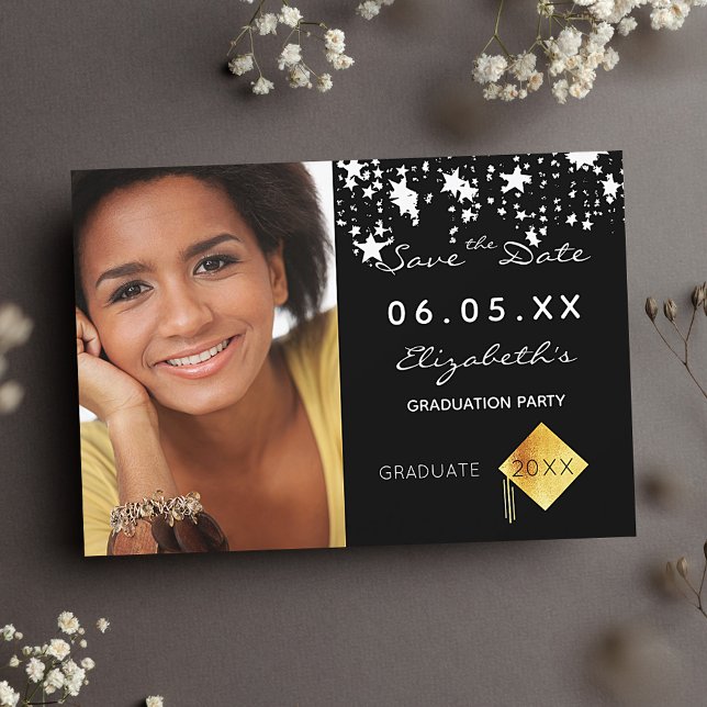 Graduation party black white stars photo 2025 save the date (Creator Uploaded)