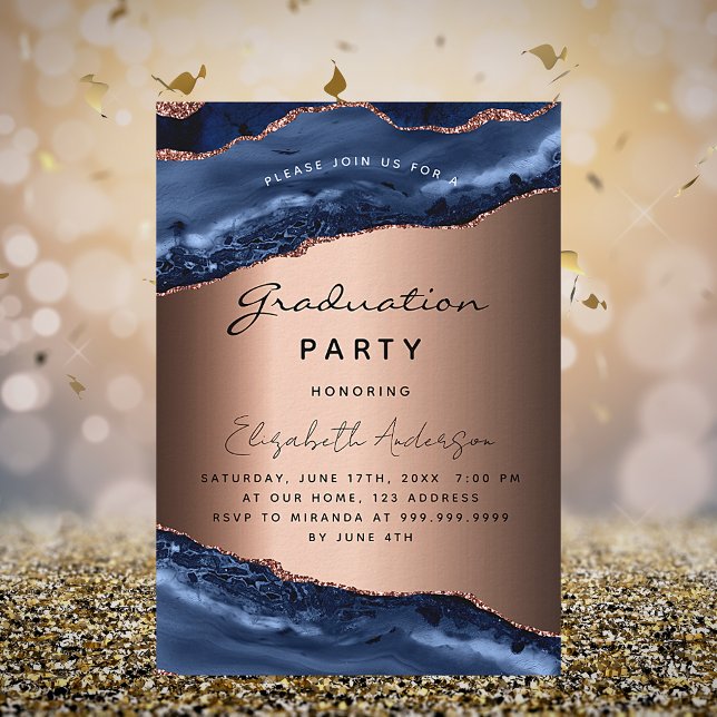 Graduation party blue agate marble rose gold invitation (Creator Uploaded)
