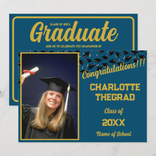 Graduation Party Blue and Gold Personalised Photo Invitation