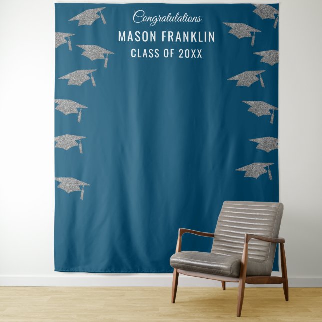 Graduation Party Blue Backdrop Photo Prop Tapestry (In Situ)