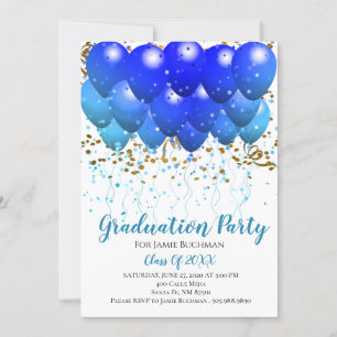 Graduation Party Blue Balloons Gold Confetti White Invitation
