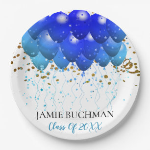 Graduation Party Blue Balloons Gold Confetti White Paper Plate