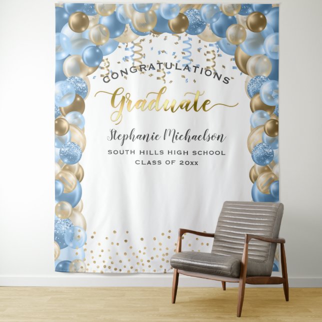 Graduation Party Blue Gold Balloons Streamers Tapestry (In Situ)