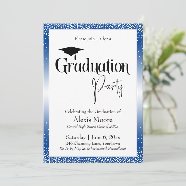 Graduation Party Blue Ombre Confetti Invitation (Standing Front)
