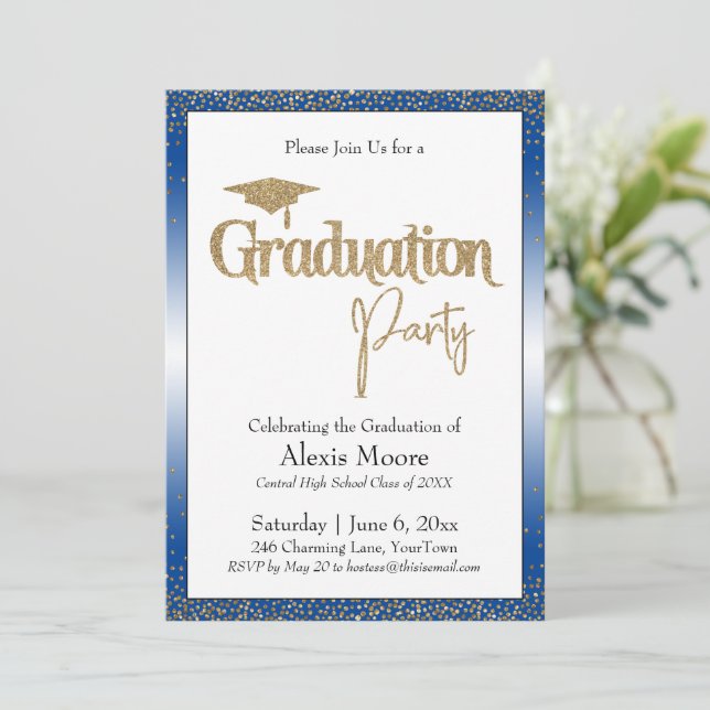 Graduation Party Blue Ombre Gold Confetti Invitation (Standing Front)