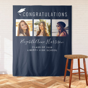 Graduation Party Blue Script Photo Booth Backdrop Tapestry