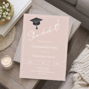 Graduation party blush pink neutral She did it Invitation