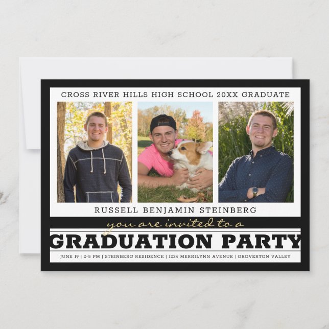 Graduation Party Bold Stripes 4 Photo Black White Invitation (Front)