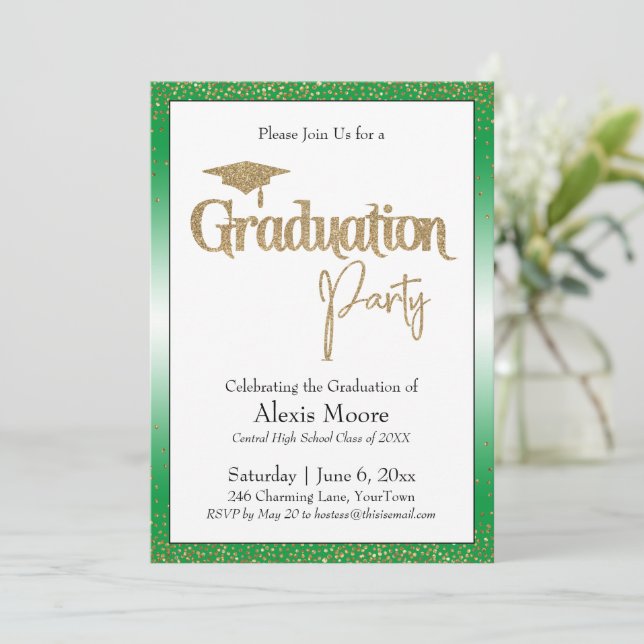 Graduation Party Bright Green Ombre Gold Confetti Invitation (Standing Front)
