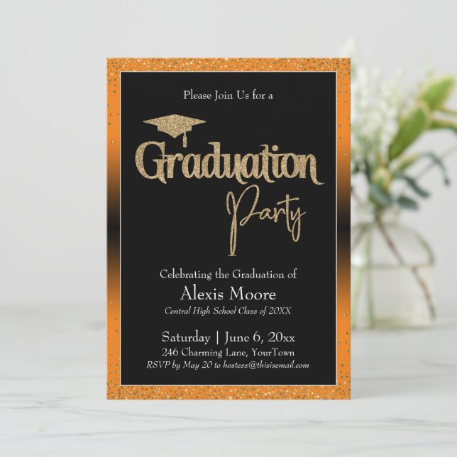 Graduation Party Bright Orange Ombre Confetti Invitation (Standing Front)