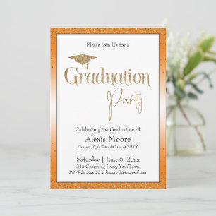 Graduation Party Bright Orange Ombre Gold Confetti Invitation
