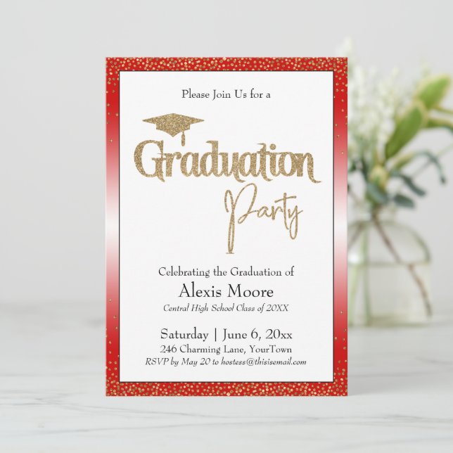 Graduation Party Bright Red Ombre Gold Confetti Invitation (Standing Front)