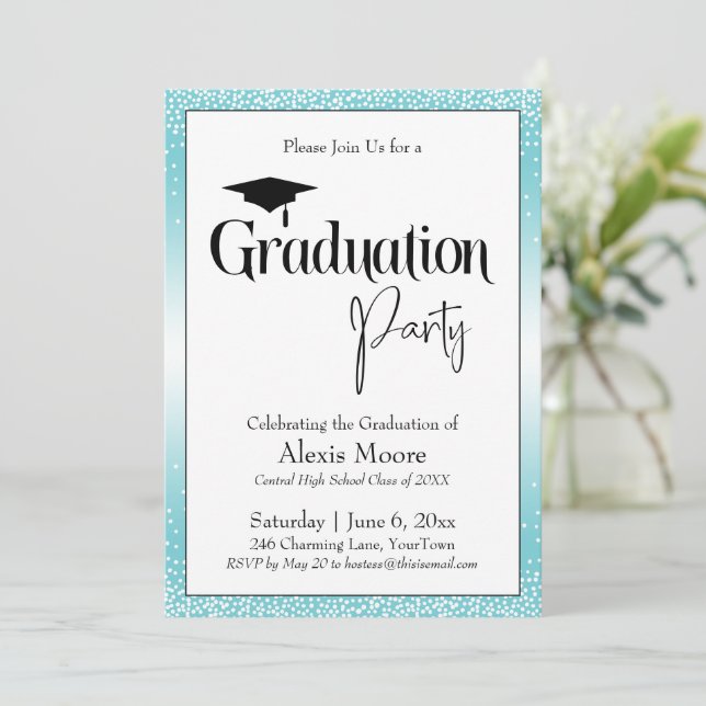Graduation Party Bright Turquoise Ombre Confetti Invitation (Standing Front)