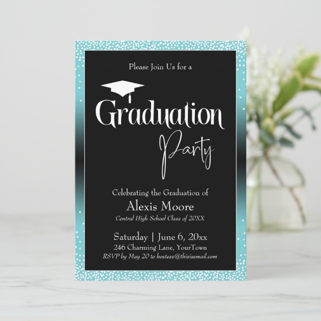 Graduation Party Bright Turquoise Ombre Confetti Invitation (Standing Front)