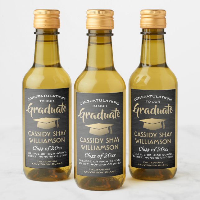 Graduation Party Brushed Black Gold and White Mini Wine Label (Bottles)